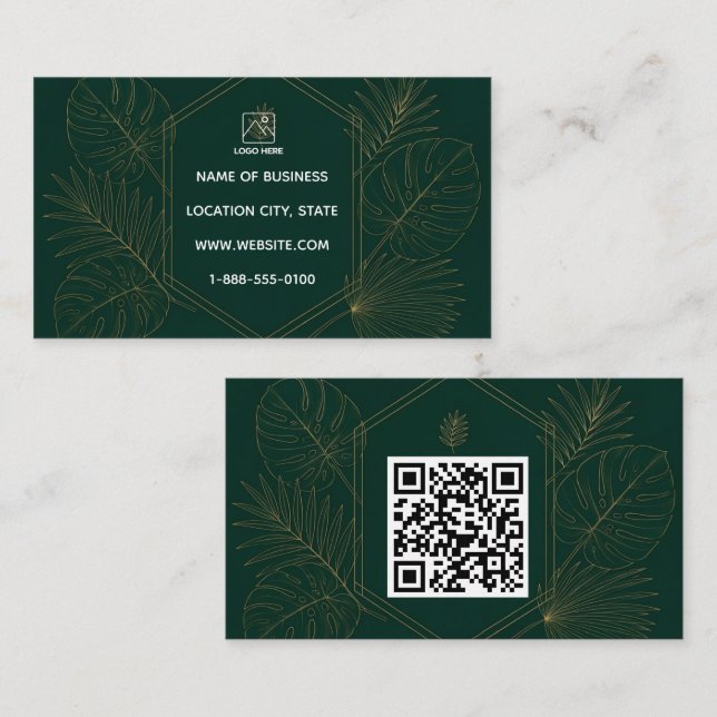 Emerald Gold Tropical QR Code Business Card (Front/Back)