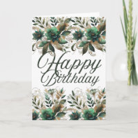 Emerald Gold Watercolor Floral Happy Birthday Gree