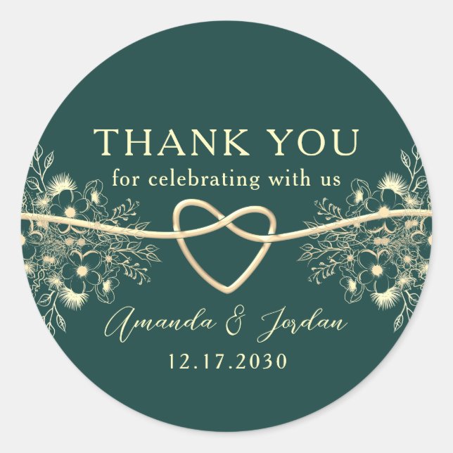 Emerald Gold Wedding Thank You Classic Round Sticker (Front)