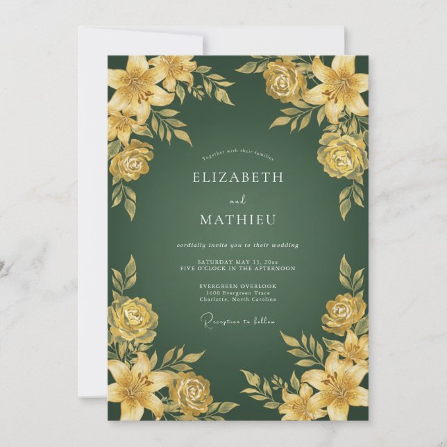 Emerald Golden Bloom Wedding Invitation (Front)