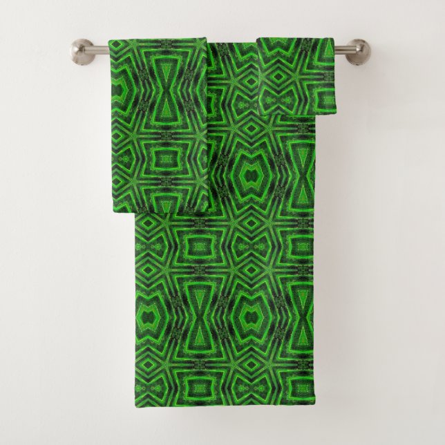 Emerald grass green geometric bath towel set (Insitu)