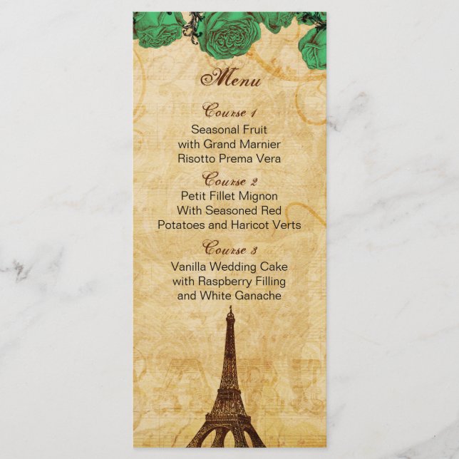 emerald gree eiffel tower Paris wedding menu cards (Front)