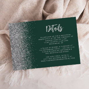 Emerald Gree Silver Glitter Script Wedding Details Enclosure Card