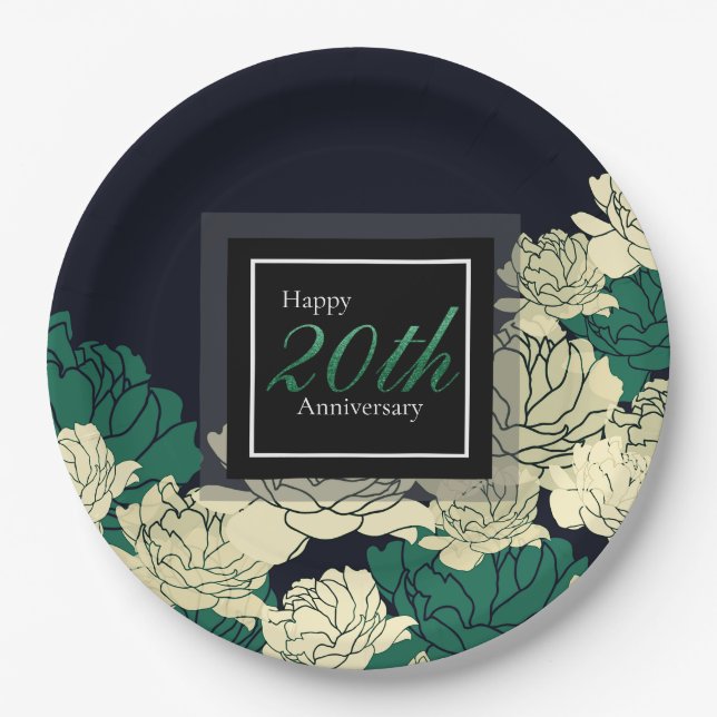 Emerald green 20th anniversary rose print paper pl paper plate (Front)