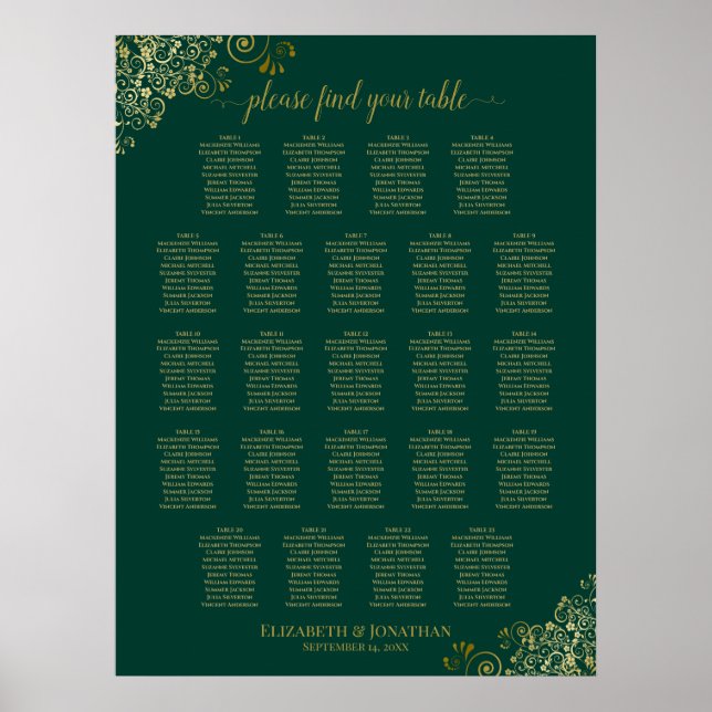 Emerald Green 23 Table Wedding Seating Chart Gold (Front)