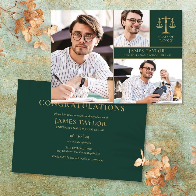 Emerald Green 3 Photo Law School Graduation Party  Invitation (Emerald Green 3 Photo Law School Graduation Party Invitation)