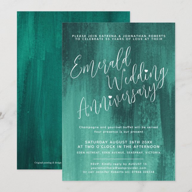 Emerald green abstract art wedding anniversary invitation (Front/Back)