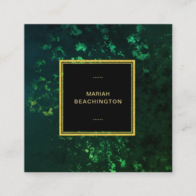 *~* EMERALD GREEN Abstract BLACK Square Business Card (Front)