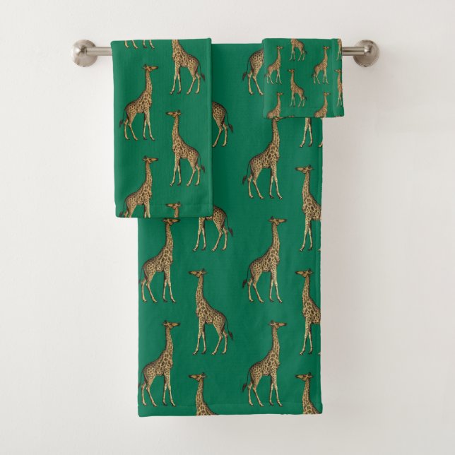 EMERALD GREEN AFRICAN GIRAFFE BATHROOM TOWEL SET  (Insitu)