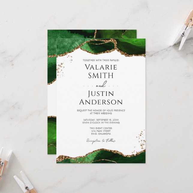 Emerald Green Agate Budget Wedding Invitation (Front/Back In Situ)