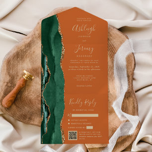 Emerald Green Agate Burnt Orange QR Code Wedding All In One Invitation
