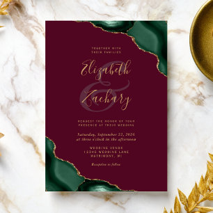 Emerald Green Agate Corners Burgundy Wedding Invitation
