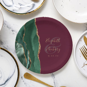 Emerald Green Agate Gold Burgundy Wedding Paper Plate