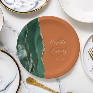 Emerald Green Agate Gold Burnt Orange Wedding Paper Plate