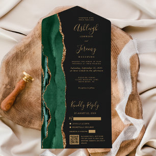 Emerald Green Agate Gold Dark QR Code Wedding All In One Invitation