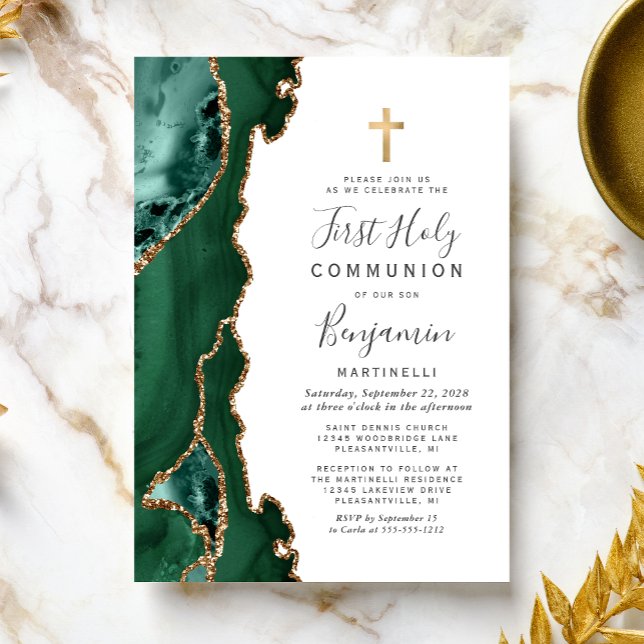  Emerald Green Agate Gold First Holy Communion Invitation (Creator Uploaded)