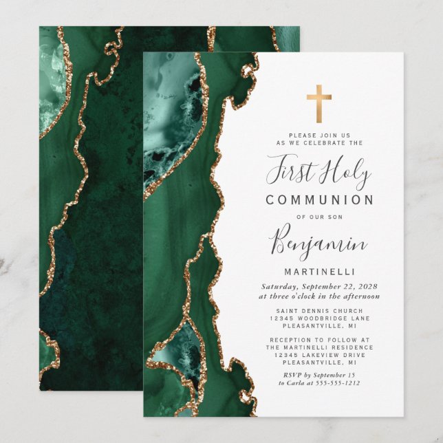  Emerald Green Agate Gold First Holy Communion Invitation (Front/Back)