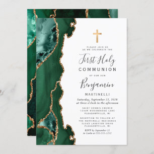 Emerald Green Agate Gold First Holy Communion Invitation