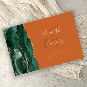 Emerald Green Agate Gold Script Burnt Orange Guest Book