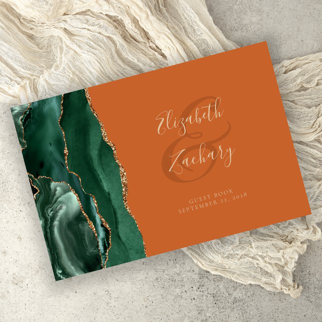 Emerald Green Agate Gold Script Burnt Orange Guest Book (Creator Uploaded)