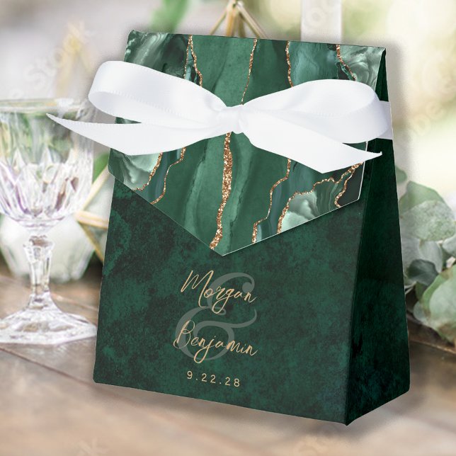 Emerald Green Agate Gold Script Wedding Favor Box (Creator Uploaded)