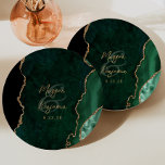 Emerald Green Agate Gold Script Wedding Paper Plate<br><div class="desc">These elegant modern wedding paper plates feature an emerald green watercolor agate geode background trimmed with faux gold glitter. Personalize them with the names of the couple in gold-coloured handwriting calligraphy over a large green ampersand,  and the wedding date in copperplate font.</div>