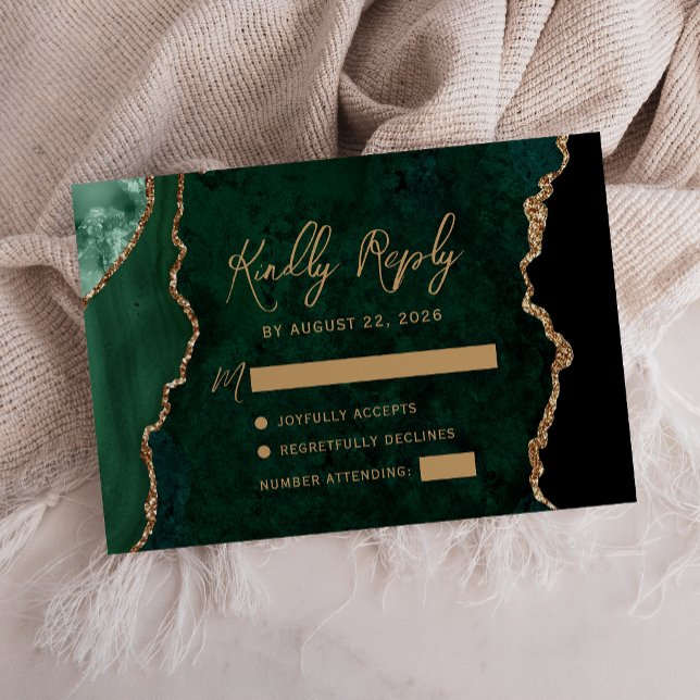 Emerald Green Agate Gold Script Wedding RSVP Card (Creator Uploaded)
