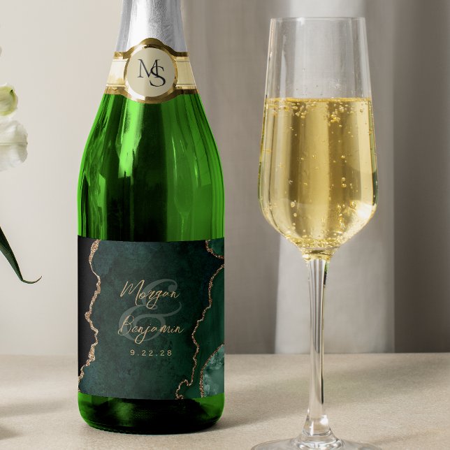 Emerald Green Agate Gold Script Wedding Sparkling Wine Label (Creator Uploaded)