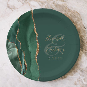 Emerald Green Agate Gold Wedding Paper Plate