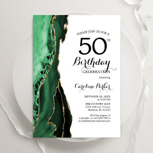 Emerald Green Agate Gold White 50th Birthday Invitation