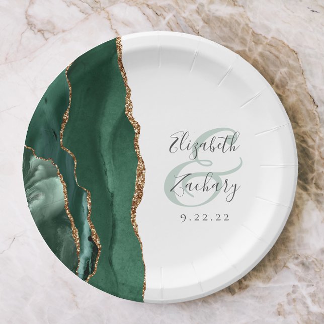 Emerald Green Agate Gold White Wedding Paper Plate (Creator Uploaded)