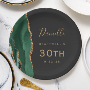 Emerald Green Agate Marble Gold Dark 30th Birthday Paper Plate