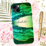 Emerald green agate marble name script Case-Mate iPhone 14 case<br><div class="desc">Emerald green agate,  marble stone print as background Personalize and add your name. The name is written with a modern hand lettered style script.</div>