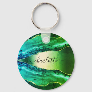 Emerald green agate marble name script  keychain
