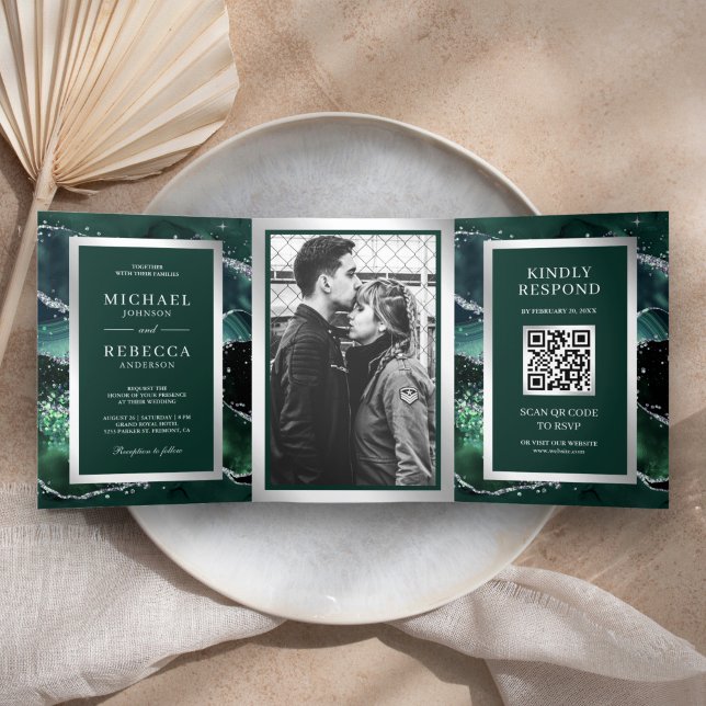 Emerald Green Agate Marble QR Code Wedding Tri-Fold Invitation (Creator Uploaded)