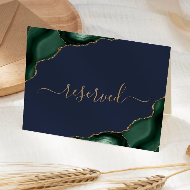 Emerald Green Agate Navy Reserved Wedding Place Card (Creator Uploaded)