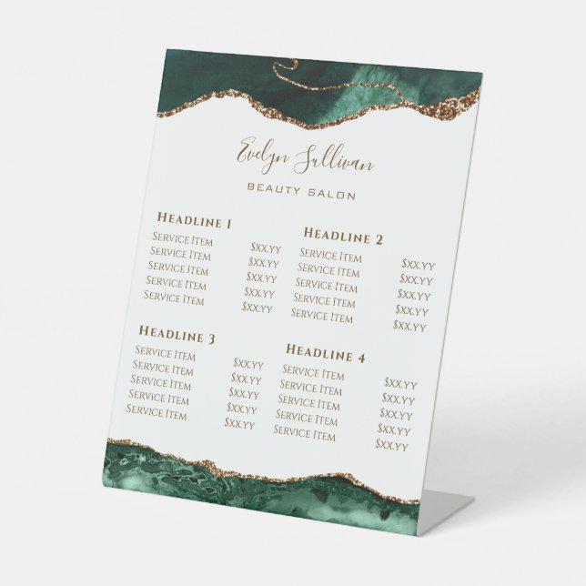Emerald Green Agate on White Price List Pedestal Sign (Front)