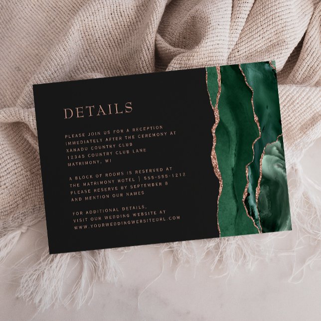 Emerald Green Agate Rose Gold Dark Wedding Details Enclosure Card (Creator Uploaded)