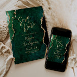 Emerald Green Agate Script Wedding Save the Date Invitation<br><div class="desc">This elegant wedding save the date features a background image of emerald green watercolor agate trimmed with faux gold glitter. The customizable text combines gold-coloured modern handwriting,  copperplate and italic fonts. The reverse side features a coordinating emerald green and gold agate design.</div>