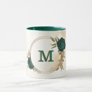 emerald green and beige gold flowers mug