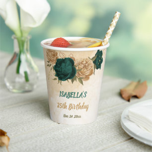 emerald green and beige gold flowers paper cups