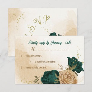 emerald green and beige gold flowers RSVP card