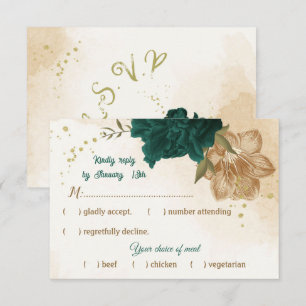 emerald green and beige gold flowers RSVP card