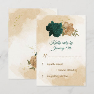 emerald green and beige gold flowers RSVP card
