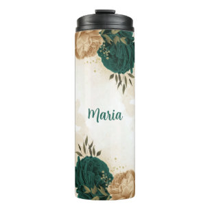 emerald green and beige gold flowers  thermal tumbler
