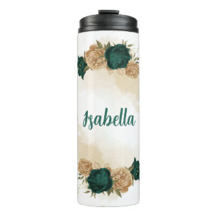 emerald green and beige gold flowers  thermal tumbler