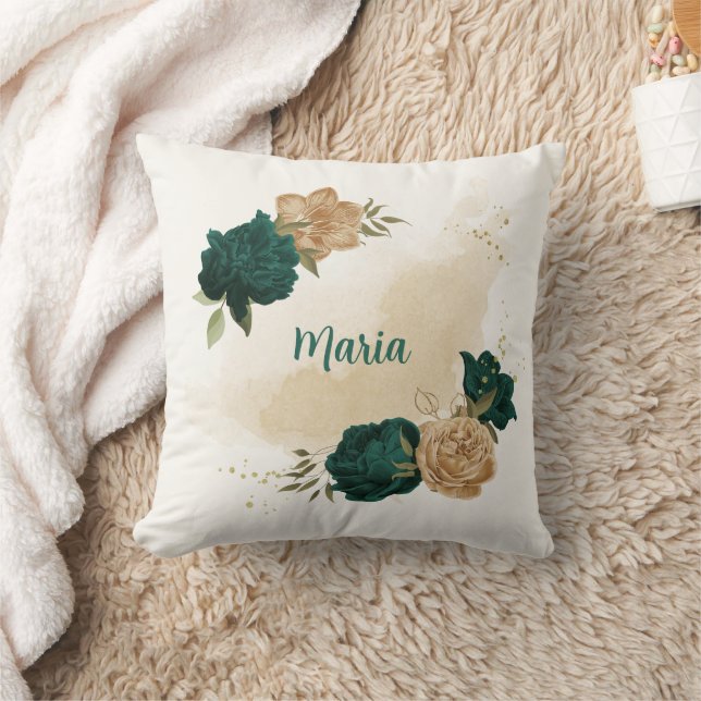 emerald green and beige gold flowers  throw pillow (Blanket)