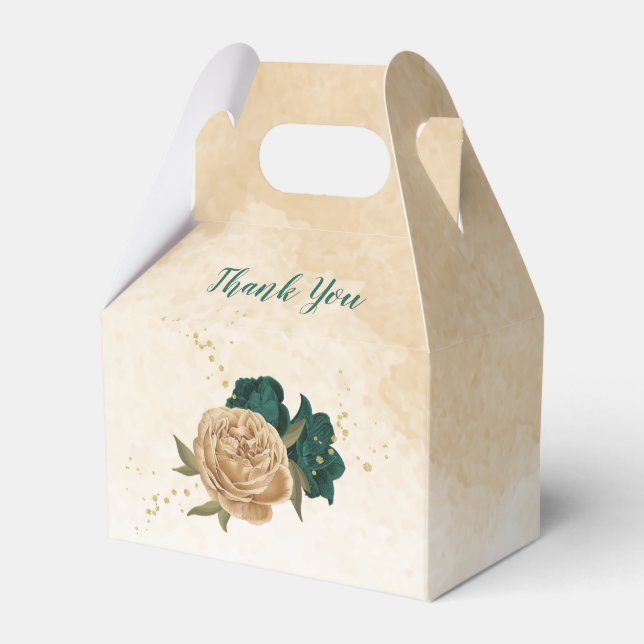 emerald green and beige gold flowers wedding favor box (Front Side)