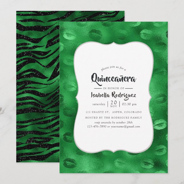 Emerald Green and Black Glam Quinceañera Invitation (Front/Back)