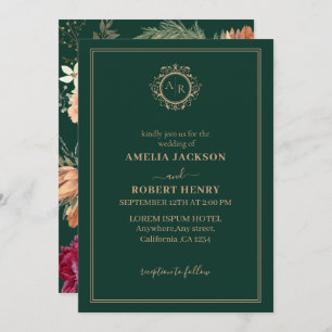 Emerald green and burgundy floral fall wedding invitation